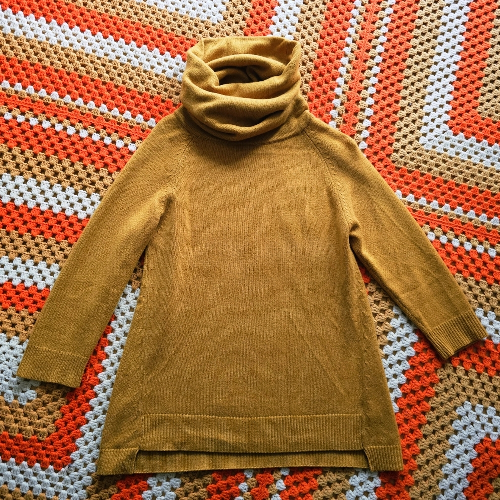100% Cashmere Theory Mustard Yellow Ochre Cowl Neck Turtleneck Womens Sweater